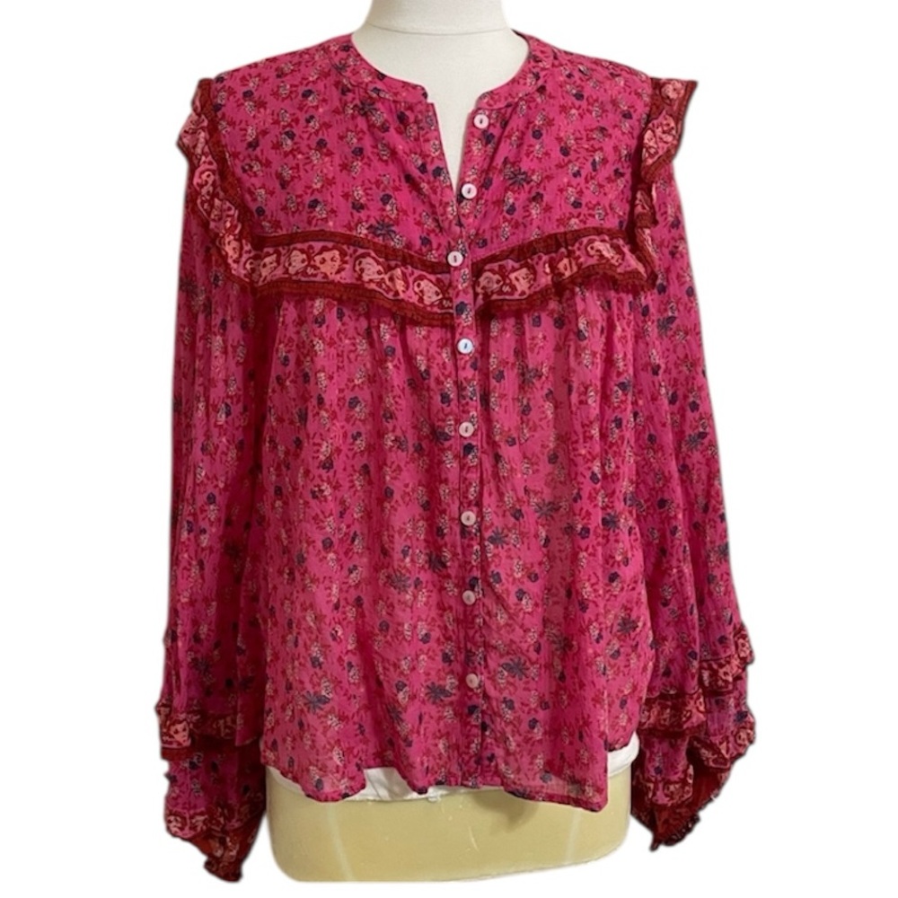 FREE PEOPLE Jenna Floral Ruffle Blouse Raspberry Red Flowy Feminine Size Small - Picture 4 of 15